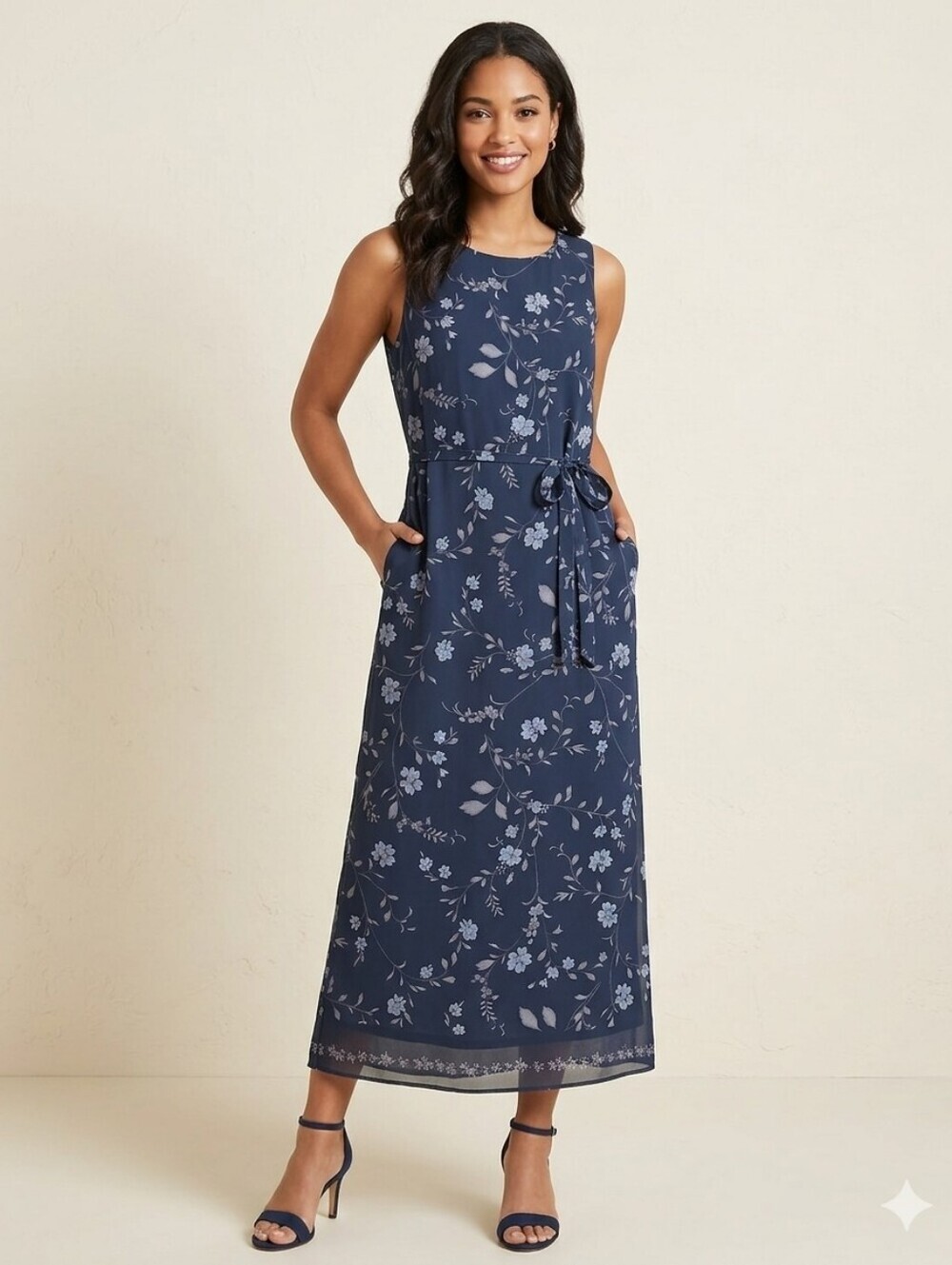 Sleeveless Navy Floral Tie-Waist Maxi Dress